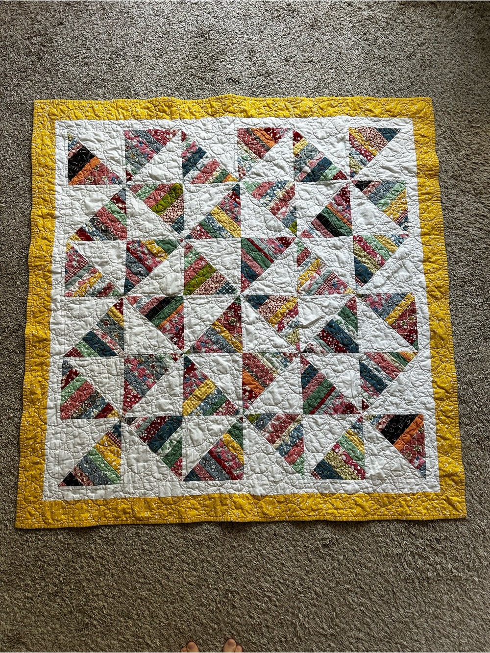 Handmade Patchwork Quilt Blanket 46x46 Yellow Floral Scrappy Triangle